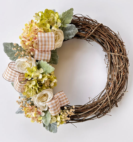 18 in. Vine Wreath with Artificial Soft Toned Hydrangeas and White Roses, with Checkered Ribbon