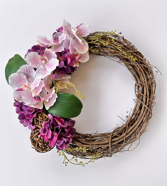 18 in. Vine Wreath with Artificial Orquids and Hydrangea and Wild Greenery