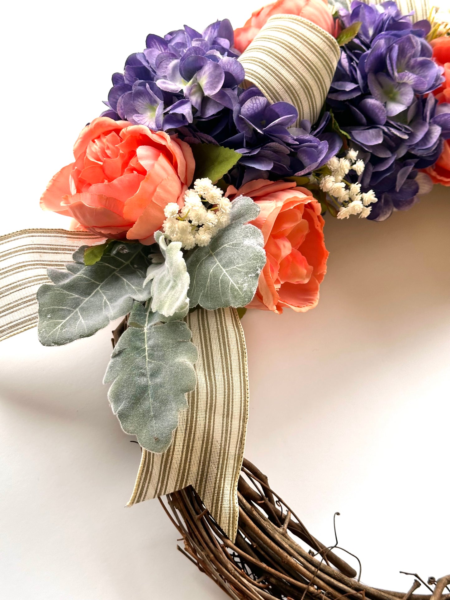 18 in. Vine Wreath with Artificial Orange Peonias and Purple Hydrangea, with Wild Greenery